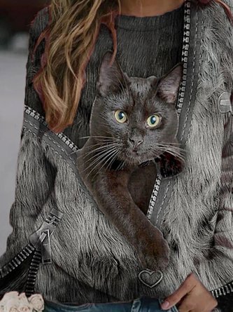 Women Casual Black-Grey Cat Printed Top