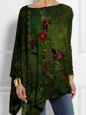 Women Casual Irregular Crew Neck Floral-Print Long Sleeve Top