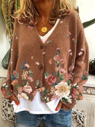 Casual Floral Shift V Neck Sweater coat