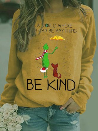 Women Casual Printed Long Sleeve Brown Sweatshirt