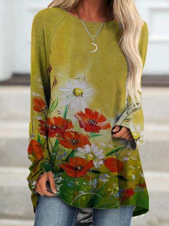 Floral  Long Sleeve  Printed  Cotton-blend  Crew Neck  Casual  Winter  Yellow Top
