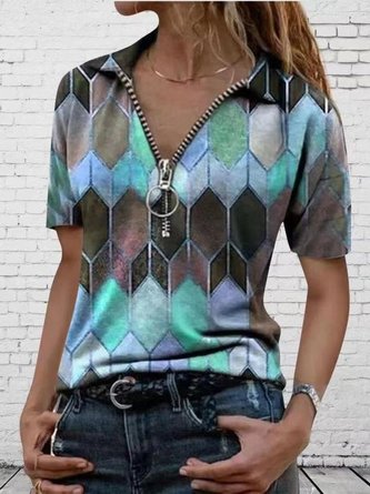Women Vintage Geometric Zipper V neck T-shirt