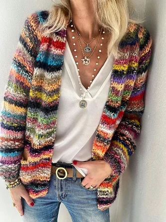 Womens Cardigan Color Block Striped Long Sleeve Open Front Casual Knit Sweater Holiday Coat Outwear