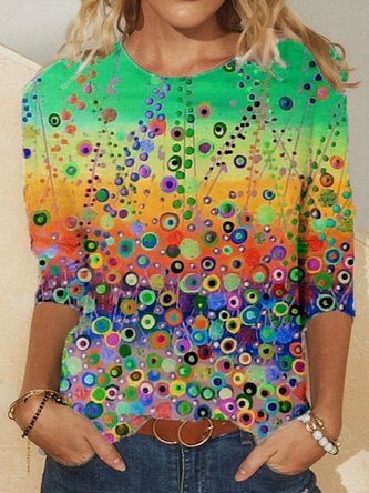 Women Casual Multicolor Graffiti Printed Crew Neck Shirt