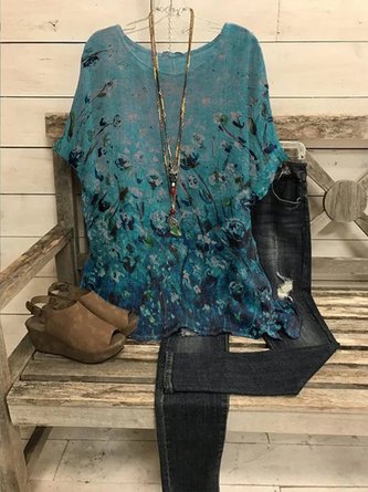 Floral Short Sleeve Crew Neck Casual Blouses & Shirts