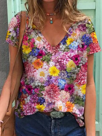 Floral  Short Sleeve  Printed  Cotton-blend  V neck  Holiday Summer  Pink Top