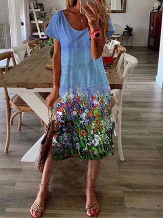 New Women Chic Plus Size Vintage Boho Holiday Short Sleeve Floral Knitting Dress