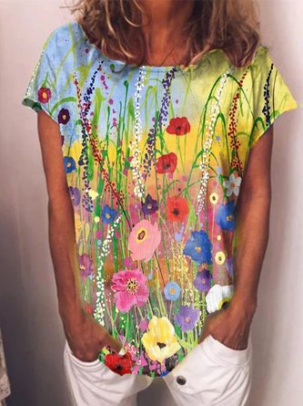 Flower Printed Short Sleeve Shift Casual T-shirt