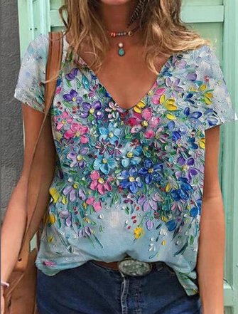 Cotton-Blend Floral Casual Shift T-shirt