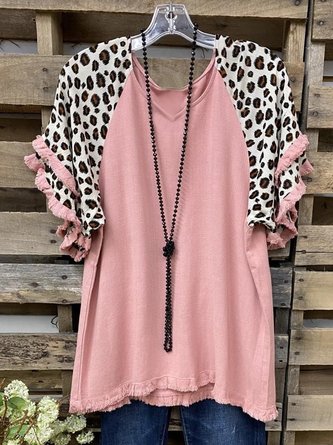 Vintage Leopard Printed Tassel Short Sleeve V Neck Casual Top
