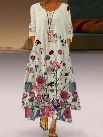 Floral-Print Crew Neck Casual 3/4 Sleeve Weaving Dress