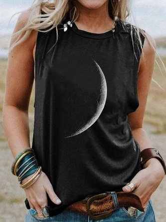 Black Moon Printed Shift Crew Neck Party Daily Casual Sleeveless Tanks & Camis