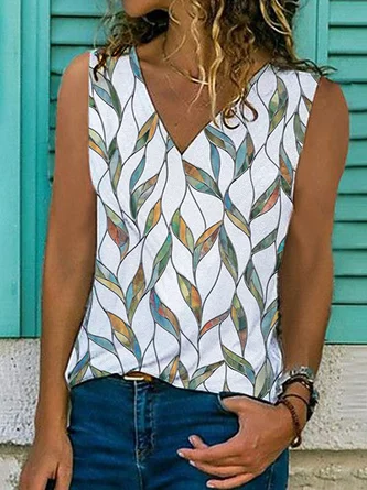 Women Summer Vintage Sleeveless V Neck  Tank Top