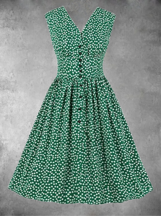 Vintage Floral Printed Sleeveless V Neck Casual Weaving Dress