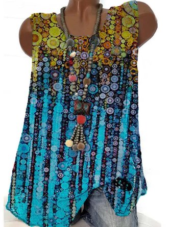 Ombre/Tie-Dye Sleeveless  Printed  Cotton-blend  Crew Neck  Casual  Summer  Blue Top