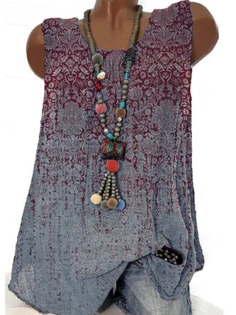 Paisley Sleeveless  Printed  Polyester  Crew Neck  Vintage  Summer Red Top