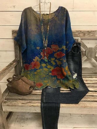 Crew Neck Casual Floral-Print Short Sleeve Tops