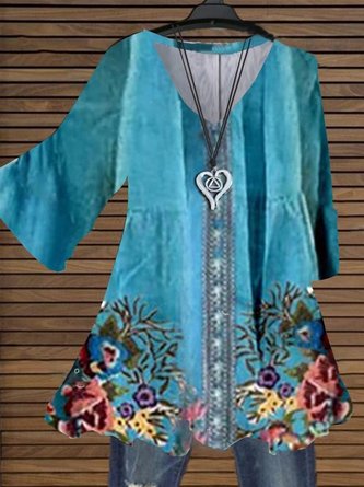 Vintage Geometric Floral Printed Half Sleeves V Neck Casual Top