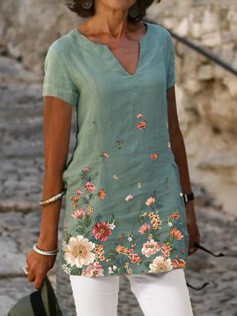 2021 Summer Print Holiday Pullover Short Sleeve Floral-Print Top
