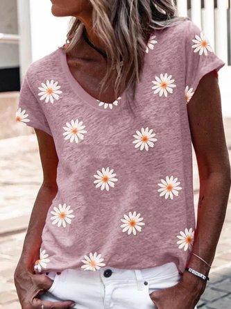 Floral Short Sleeve V Neck T-shirt