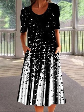 Women Casual Printed Round Neck Short Sleeve Midi Weaving Dress