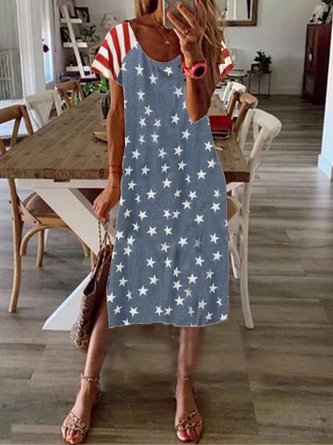 New Women Chic Vintage Boho Hippie Holiday Star Shift Short Sleeve Casual Knitting Dress
