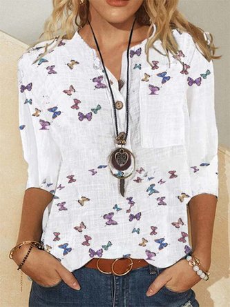 Printed Cotton-Blend Casual V Neck Top
