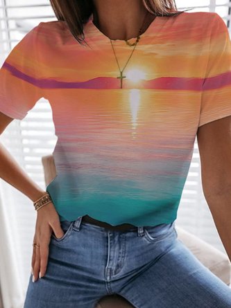 Ombre/Tie-Dye  Short Sleeve  Printed  Cotton-blend  Crew Neck  Holiday  Summer Multicolor Top