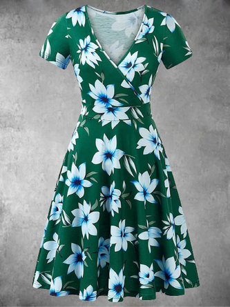 Vintage Floral Printed Short Sleeves V Neck Casual Knitting Dress