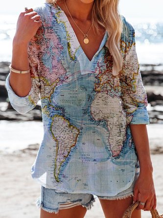 3/4 Sleeve V Neck Cotton-Blend Blouse