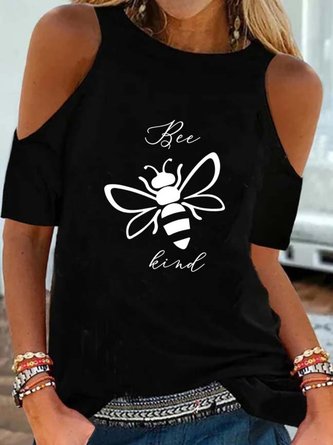 Animal  Short Sleeve Printed  Cotton-blend Off Shoulder Cold Shoulder  Casual  Summer  Black Top