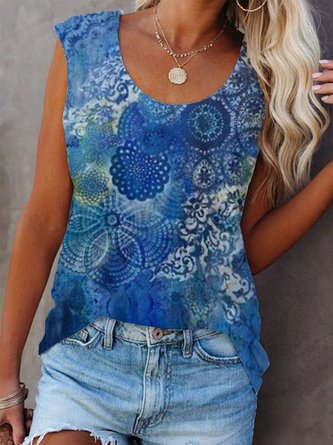 Crew Neck Printed Cotton Sleeveless Top