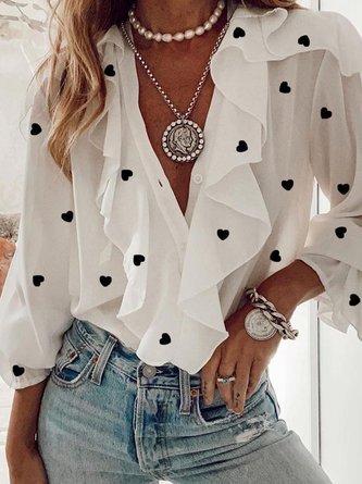 Cotton-Blend Geometric Long Sleeve Vintage Blouse