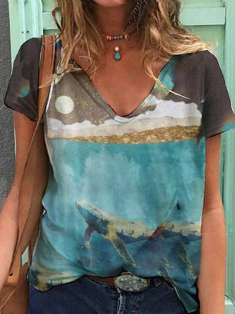 Ocean Whale  V Neck Ombre/tie-Dye Short Sleeve T-shirt