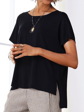 Slit Short Sleeve Simple & Basic High Low T-shirt