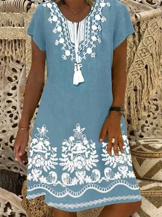 Vintage Short Sleeve Geometric Floral Printed Casual Knitting Dress