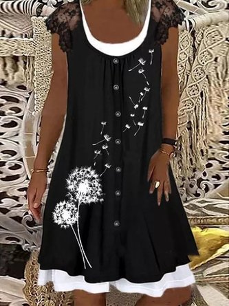 Vintage Dandelion Floral Printed Lace Short Sleeves Casual Knitting Dress