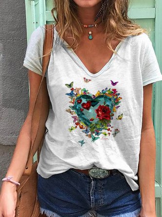 Cotton-Blend Casual Butterfly V Neck T-shirt