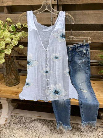 Women's Summer Cotton Floral-Print Work Cold Shoulder Tank Top