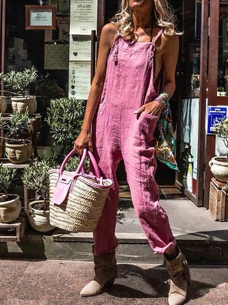 Solid Sleeveless Casual Cotton-Blend Jumpsuit & Romper