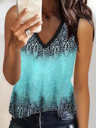 V Neck Sleeveless Cotton-Blend Printed Holiday Tanks & Camis
