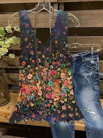 Vintage V Neck Printed Sleeveless Shirt & Top