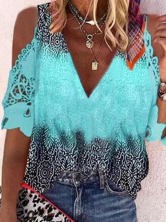 Vintage Half Sleeve Lace Geometric Printed V Neck Plus Size Casual Tops