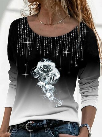 Black Floral Ombre/Tie-Dye Printed Rhinestone Casual Long Sleeve Shift Top