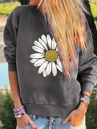 Floral Cotton-Blend Casual Long Sleeve Sweatshirt
