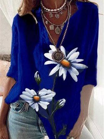 Vintage Daisy Floral Printed 3/4 Sleeve V Neck Casual Top