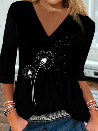 Vintage Dandelion Printed V-Neck 3/4 Sleeves Casual T-shirt