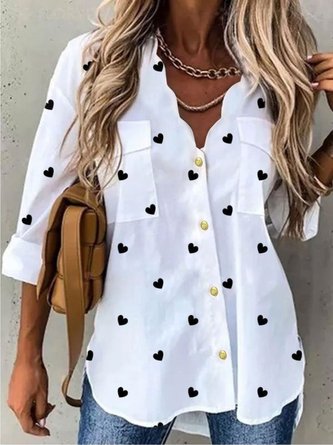 Casual Heart Printed V neck Long Sleeve Blouse