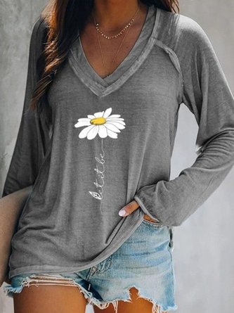V Neck Printed Long Sleeve Casual T-shirt