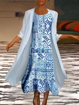 Casual Printed A-Line Round Neck 3/4 Sleeve Daily Casual Suits